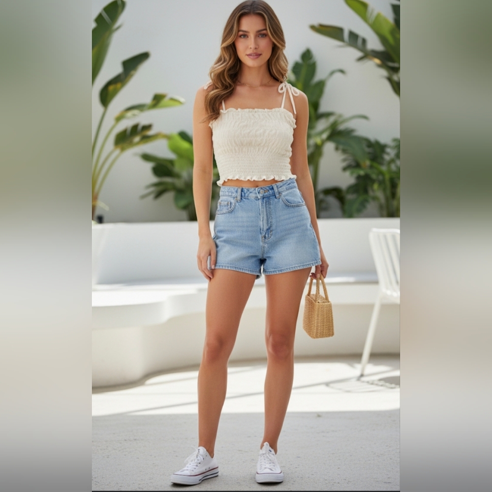 Divided Cream Ruffle Crop Top With Tied Straps